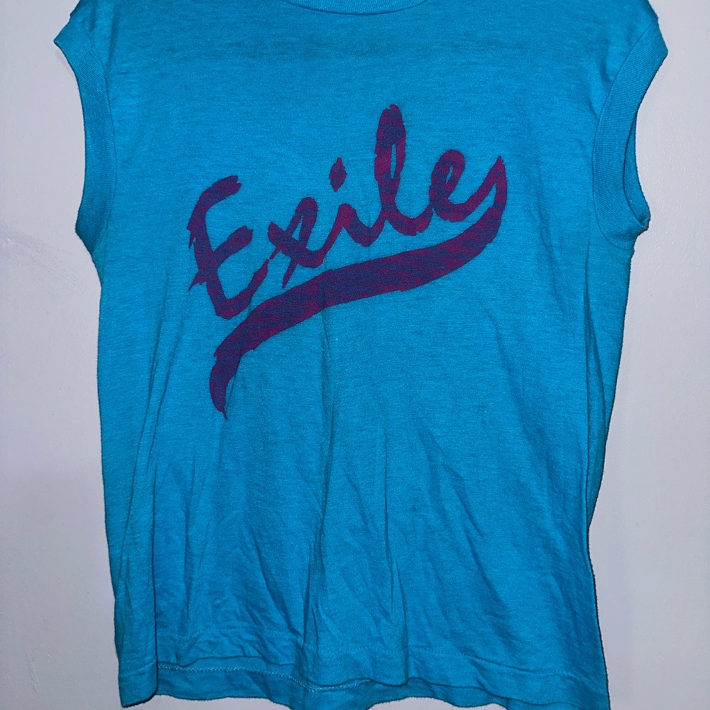 Vintage 70s Exile Screen Stars Teal Sleeveless Top with Violet Graphic